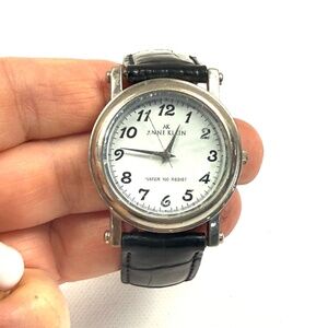 Anne Klein White Round Face Watch. Croc Embossed Black Leather Band.